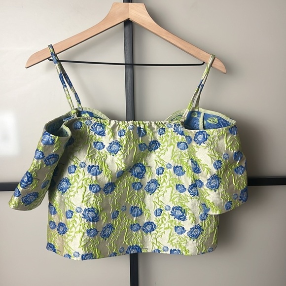 NWT GANNI FLORAL JACQUARD OFF THE SHOULDER IN OYSTER GRAY/ GREEN Size 34 - Picture 7 of 10